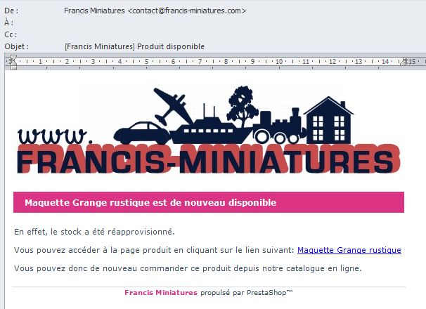 notification messagerie alerte article francis miniatures