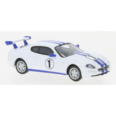 Miniature Maserati 3200 GT Trofeo, blanche avec bandes bleue Miniature Maserati 3200 GT Trofeo, blanche avec bandes bleue