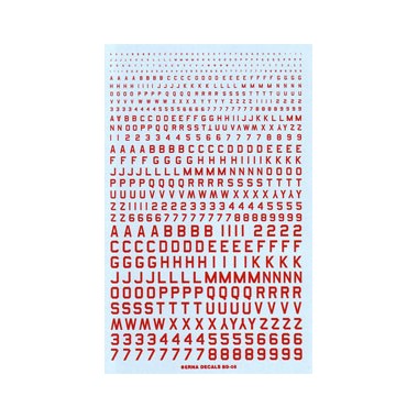 Décalques Chiffres et lettres rouges type code 45 (1,2,3,4 & 6mm) 