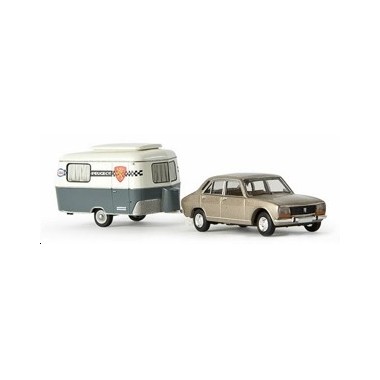 Miniature Peugeot 504 beige metallise avec caravane Eriba Peugeot