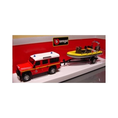 Miniature Land Rover avec remorque et Zodiac Pompiers jaune