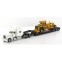 Miniature Peterbilt 389 blanc, remorque surbaissée, nivelleuse CAT 163H