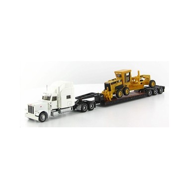 Miniature Peterbilt 389 blanc, remorque surbaissée, nivelleuse CAT 163H