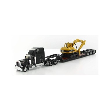 Miniature Peterbilt 389 noir, remorque surbaissée, pelle CAT 315C