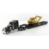 Miniature Peterbilt 389 noir, remorque surbaissée, pelle CAT 315C