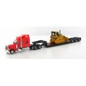 Miniature Peterbilt 389 rouge, remorque surbaissée, bulldozer CAT D5M