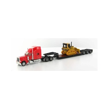 Miniature Peterbilt 389 rouge, remorque surbaissée, bulldozer CAT D5M