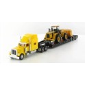 Miniature Peterbilt 389 jaune, remorque surbaissée, chargeur CAT 950G