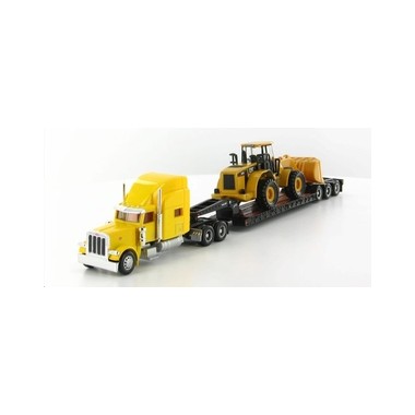 Miniature Peterbilt 389 jaune, remorque surbaissée, chargeur CAT 950G