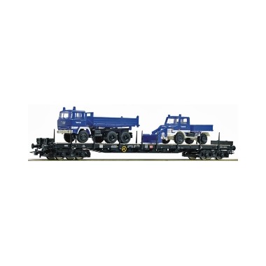 Wagon Plat chargé de deux camions DB AG, Epoque 5 Wagon Plat chargé de deux camions DB AG, Epoque 5