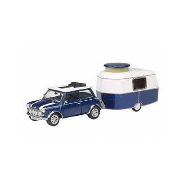 Miniature Mini Cooper bleue avec caravane Eriba