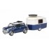 Miniature Mini Cooper bleue avec caravane Eriba