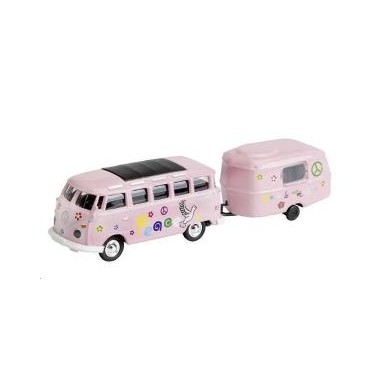 Miniature Volkswagen T1 Bus avec Caravane Rose Peace and Love Miniature Volkswagen T1 Bus avec Caravane Rose Peace and Love