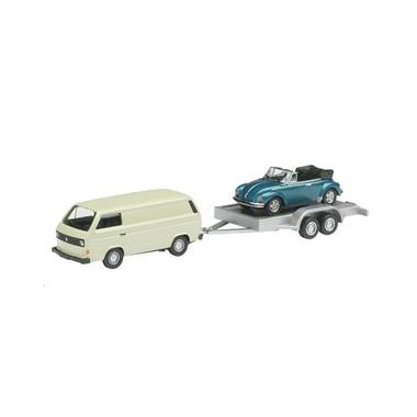 Miniature Volkswagen T3 + remorque + Coccinelle cabriolet  