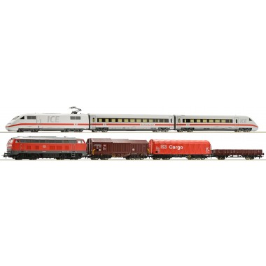 Coffret de départ numérique ICE 2 et locomotive diesel BR 218 de la DB AG avec un train de marchandises, Epoque 5-6 Coffret de départ numérique ICE 2 et locomotive diesel BR 218 de la DB AG avec un train de marchandises, Epoque 5-6