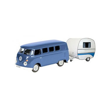 Miniature Volkswagen T1 Bus Bleu avec caravane